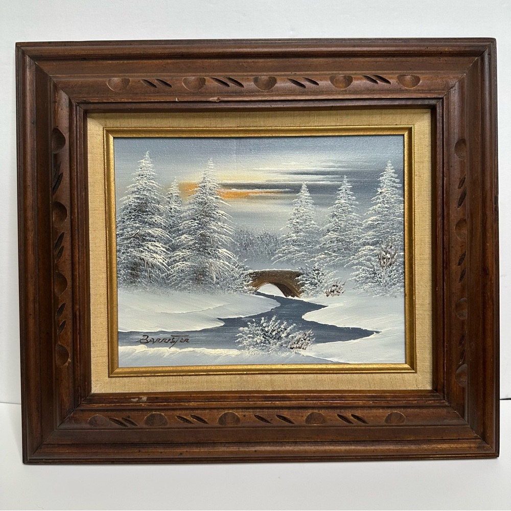Artist Signed Barrister Winter Landscape Scene w/Bridge Oil on Board & Framed